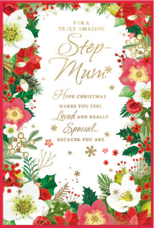 Show your amazing Step Mum how much she means to you this Christmas with this truly special card from Simon Elvin. Adorned with a beautiful festive border of red poinsettias, white hellebores, holly, and winter berries, this design exudes warmth and elegance. The heartfelt message, "FOR A TRULY AMAZING Step-Mum... HOPE CHRISTMAS MAKES YOU FEEL Loved AND REALLY Special... BECAUSE YOU ARE," is beautifully presented in elegant gold script, making it a wonderful way to express your appreciation. Perfect for retailers looking to offer a thoughtful and high-quality Christmas greeting. Available in a convenient pack of 6, ensuring you're well-stocked for the festive season.