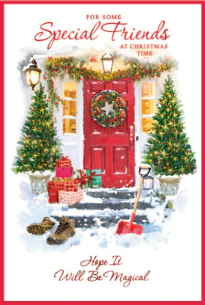 Bring festive cheer to your customers with our delightful 'Friends' Christmas card from Simon Elvin. This charming design captures the magic of a snowy Christmas scene, perfect for sending warm wishes to special friends.
The card features a welcoming red front door, beautifully adorned with a classic Christmas wreath and twinkling garlands. Flanked by two sparkling Christmas trees, the scene is completed with a scattering of festive presents, a practical snow shovel, and cosy winter boots, all nestled in fresh snow. The heartfelt message, 'FOR SOME Special Friends AT CHRISTMAS TIME, Hope It Will Be Magical,' makes this card a wonderful choice for spreading joy.
Available in a convenient pack size of 1x6, these cards are ideal for retailers looking to offer high-quality, traditional Christmas greetings. A truly enchanting card to add to your seasonal collection.
