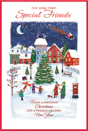 Share the magic of the festive season with your dearest friends with our charming 'Friends' Christmas card. This delightful design captures the warmth of a snowy village scene, complete with Santa's sleigh soaring overhead, a beautifully decorated Christmas tree, and happy families enjoying the winter wonderland. The heartfelt message, 'Have a fantastic Christmas and a totally amazing New Year,' makes it the perfect way to send your best wishes. Each pack contains 6 of these wonderful cards, ready to bring joy to those who mean the most.