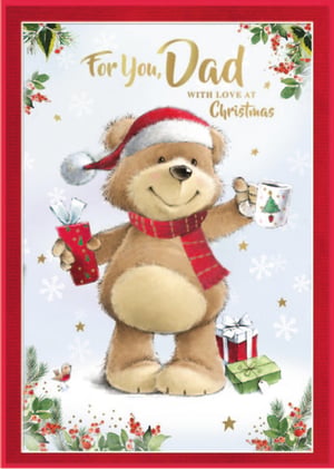Make Dad's Christmas extra special with this adorable card from Simon Elvin. Featuring a charming teddy bear, all bundled up in a festive Santa hat and striped scarf, this card is bursting with Christmas cheer. The happy bear holds a thoughtful gift and a warm, seasonal mug, surrounded by more presents and delicate snowflakes. Beautifully adorned with holly and fir sprigs, and even a little robin, this card perfectly captures the warmth and joy of the season. The heartfelt message 'For You, Dad WITH LOVE AT Christmas' makes it the ideal choice to show appreciation. Stock up with this lovely design, available in a convenient pack of 6, and help your customers spread festive love to their Dads this Christmas.