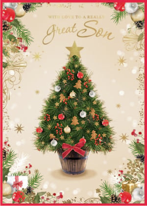Send warm festive wishes to a special son this Christmas with this delightful card from Simon Elvin. Featuring a beautifully decorated Christmas tree, adorned with classic red, silver, and gold baubles, charming gingerbread tree shapes, and festive berries, it's a truly heartwarming design. A golden star proudly tops the tree, which sits in a rustic wooden pot tied with a cheerful red bow.
The elegant cream background sparkles with golden accents and is framed by lush green foliage, pinecones, and seasonal red berries, with thoughtful gifts nestled at the bottom. The message 'With Love to a Really Great Son' is highlighted in shimmering gold. Available in a convenient pack of 6, this card is perfect for your festive greeting card selection.
Supplier: Simon Elvin.
