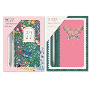 a pink and blue diary gift set with a pen