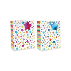 Make every gift extra special with our charming Large Stars Gift Bags! These delightful bags are perfect for any celebration, from birthdays to festive gatherings. Each bag boasts a cheerful design of multi-coloured stars scattered across a clean white background, beautifully framed by vibrant rainbow stripes on the sides. Adding a touch of sparkle, each bag comes with a dazzling iridescent star gift tag, featuring a mix of pink/purple and blue/green hues. Supplied by Tallon, these eye-catching bags are available in a wholesale pack of 12, making them an ideal addition to your retail offering. Help your customers present their presents with style and a sprinkle of starlight!