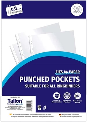 Keep your important documents pristine and perfectly organised with these Tallon 20 A4 Clear Punched Pockets. Designed to fit all A4 paper, these high-quality pockets are universally punched, making them suitable for any ringbinder.
Crafted with a non-glare finish, they ensure your presentations and reports are always easy to read, while offering excellent protection against spills and wear. From school projects to office reports, these durable pockets from 'Just... stationery' by Tallon are an essential for any filing system. Available in a handy wholesale pack of 12, they're ideal for stocking up your business or classroom.