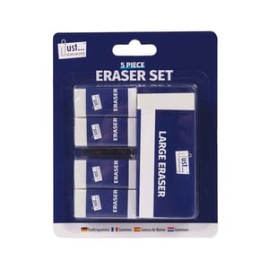 Ensure your customers are always prepared with this handy 5 Pack Erasers set from Just... stationery, proudly supplied by Tallon. Each blister pack features a versatile collection of four standard-sized erasers and one larger eraser, perfect for a variety of tasks, from detailed corrections to broader strokes. Designed for clean and efficient use, these white erasers are neatly presented in smart blue sleeves. This wholesale offering is ideal for schools, offices, or home use, and comes in a convenient pack size of 1x12, making it simple to keep your shelves well-stocked with essential stationery.