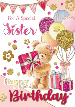 Offer a warm birthday wish with our 'Sister' card from Xpress Yourself. This lovely design features a sweet teddy bear holding a gift, surrounded by a mix of glittery and pastel balloons. Decorative bunting and delicate gold and pink flowers add to the festive feel. The card prominently displays "For A Special Sister, Happy Birthday" in elegant script. With its charming imagery and cheerful pink and gold colour scheme, it's an ideal choice for celebrating a sister. Available in a convenient pack of 12, this card is a thoughtful addition for any retailer's greeting card selection.