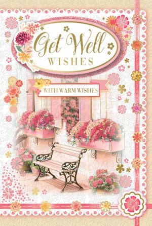 Offer a touch of warmth and beauty with our 'Get Well Female' card from Xpress Yourself. This delightful card features a charming outdoor scene, complete with a quaint bench and an abundance of vibrant pink and red flowers spilling from window boxes and pots. The elegant 'Get Well Wishes' message, highlighted in shimmering gold script on a glittery pink oval, is perfectly complemented by the 'WITH WARM WISHES' banner.

Adorned with intricate floral details, delicate scalloped edges, and soft, comforting colours, this card is designed to bring cheer and comfort to anyone feeling unwell. Its feminine appeal and thoughtful design make it an ideal choice for expressing heartfelt sentiments. Available in a convenient pack size of 1x6, ensuring you're always stocked with a lovely option for your customers.