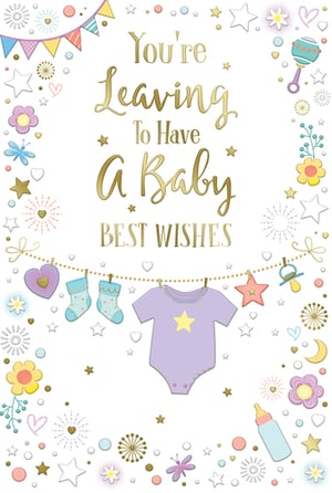 Celebrate a wonderful new chapter with our 'Leaving To Have A Baby' card from Xpress Yourself. This beautifully designed card features a delightful array of pastel colours and charming baby-themed illustrations, perfect for wishing someone special all the best as they embark on their journey into parenthood.
Adorned with sweet baby clothes, a rattle, dummy, and bottle, alongside whimsical stars, hearts, and flowers, the design creates a warm and joyful atmosphere. The elegant gold foil lettering proudly announces 'You're Leaving To Have A Baby BEST WISHES', making it the ideal way to send heartfelt congratulations.
Stock up on this lovely card, available in a convenient pack of 6, and help your customers share their excitement for a new arrival. It's the perfect choice for colleagues, friends, or family members preparing for their little one!