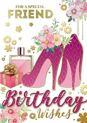 Celebrate a special friend's birthday with this gorgeous card from Xpress Yourself. Featuring elegant pink high heels adorned with beautiful flowers, a chic perfume bottle, and a delightful gift, this card is perfect for any fashion-loving friend. The design is enhanced with sparkling glitter accents and golden floral details, making it truly stand out.
With "FOR A SPECIAL FRIEND" at the top and "Birthday Wishes" in a stylish script, it conveys warmth and affection. This 'Friend Female' card is sure to bring a smile to her face. Available in a convenient pack of 12, it's an essential addition to your greeting card selection.
