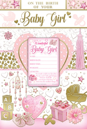 Celebrate the joyous arrival of a precious little one with our beautiful 'Birth Congrats Girl' card from Xpress Yourself. This delightful card features a charming design in soft pinks and shimmering gold, perfect for welcoming a new baby girl. Adorned with adorable details like tiny booties, a classic pram, and sweet hearts, it captures the joy of this special occasion.
Inside, there's a dedicated space to record all those important first details – name, birth date, time, weight, and length – making it a cherished keepsake for years to come. Supplied in a convenient pack of 6, it's ideal for retailers looking to offer a truly heartwarming congratulations card.