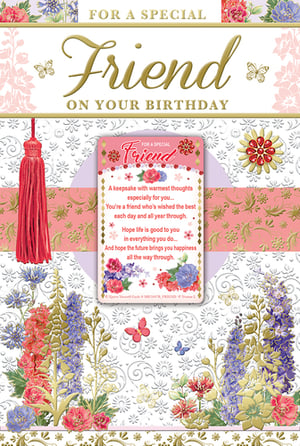 Celebrate a special friend's birthday with this exquisite 'Friend Female' card, designed to convey heartfelt wishes. This beautiful card features an elegant floral design, enriched with shimmering gold accents and delicate embossed details, creating a luxurious feel. Adorned with charming butterflies and a decorative tassel, it's a truly eye-catching choice.
A unique feature is the attached keepsake, carrying a warm and thoughtful message that expresses deep appreciation and hopes for happiness. This makes the card not just a greeting, but a cherished memento. Perfect for showing a special friend how much they mean to you. Available in a convenient pack of 6, these cards are a wonderful addition to any greeting card selection.
