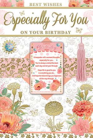 Celebrate her special day with this exquisite birthday card, designed to bring a smile to any female recipient. Adorned with a beautiful array of pastel pink and peach florals, delicate butterflies, and elegant gold accents, this card is a true delight. The charming design features a unique keepsake insert with a heartfelt birthday wish poem, ensuring your message of warmth and happiness lasts long after the celebration. This card conveys best wishes for a wonderful day and a future filled with joy. Its luxurious feel and thoughtful details make it a truly memorable way to send your love.