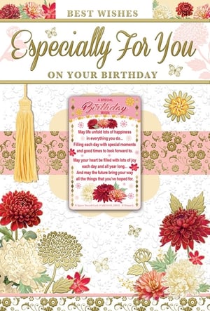 Celebrate her special day with this exquisite 'Especially For You' Open Birthday card from Xpress Yourself. Adorned with beautiful floral illustrations in rich reds, creams, and golden hues, and delicate butterflies, this card exudes elegance and warmth. The prominent 'BEST WISHES ON YOUR BIRTHDAY' message sets a joyful tone.
Inside, a heartfelt wish unfolds, promising 'lots of happiness,' 'special moments,' and a future filled with 'all the things that you've hoped for.' Perfect for any female recipient, this charming card is designed to bring a smile. Available in a convenient 1x6 pack, it's ideal for stocking up on thoughtful birthday greetings.