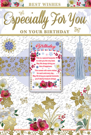 Celebrate her special day with this exquisite 'Especially For You' Birthday Card from Xpress Yourself. This beautifully designed card features a stunning array of delicate gold and vibrant floral illustrations, set against an elegant embossed background with charming butterflies. The heartfelt message 'BEST WISHES Especially For You ON YOUR BIRTHDAY' is perfectly complemented by a unique keepsake insert. This special token carries warm wishes for happiness and treasured moments, making it a truly memorable gift. Perfect for any female recipient, this card offers a touch of luxury and sentimentality. Available in a convenient pack of 6, it's an ideal choice for your retail collection.
