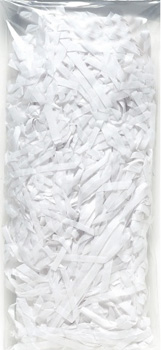 A plastic bag is filled with white shredded paper on a white background.
