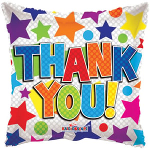 a colorful thank you balloon with stars on it