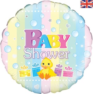 A baby shower balloon with a yellow duck and gifts.
