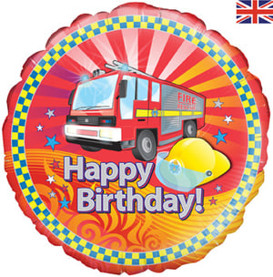 A happy birthday balloon with a fire truck on it