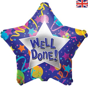 A blue star-shaped balloon that says "well done."