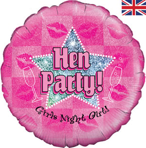 A pink balloon that says "hen party girls night out."