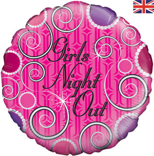 A pink and purple balloon that says "Girls' Night Out".