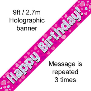 A pink banner that says "Happy Birthday" is repeated three times.