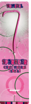 A pink sparkler in the shape of the number 7.