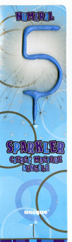 A blue sparkler in the shape of the number 5.