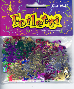 A bag of foil confetti that says "get well."