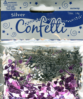 a package of silver confetti with purple hearts.