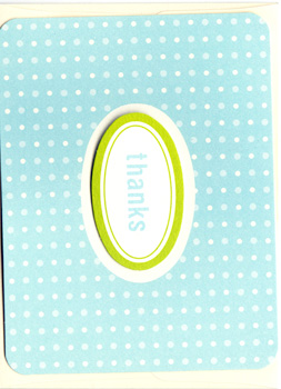 A blue and white polka-dot thank-you card.