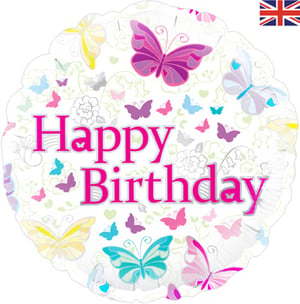A happy birthday balloon with butterflies on it.