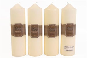 Four candles with labels that say "150" on them.