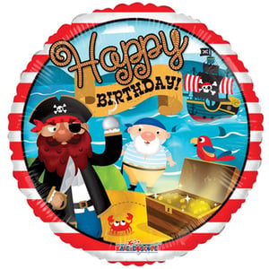 A happy birthday balloon with a pirate themed.