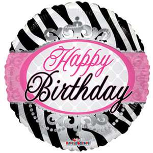 a black and white striped balloon that says happy birthday