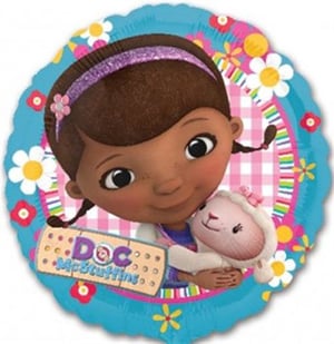 A Doc McStuffins balloon with a girl holding a stuffed animal.