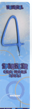 A blue sparkler in the shape of number 4.