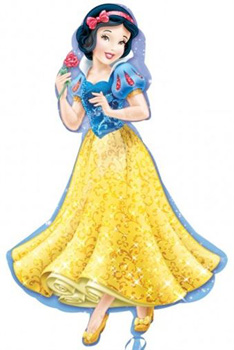Snow White is holding a rose in her hand and wearing a yellow dress.