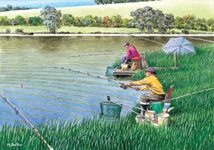 A painting of two men fishing on a lake by M. Smith.