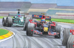 a painting of two red bull race cars on a track