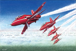 A painting of three jets flying in formation, all of them red.