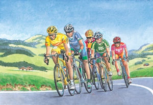 A painting of a group of cyclists, with one wearing a shirt that says "DHL."