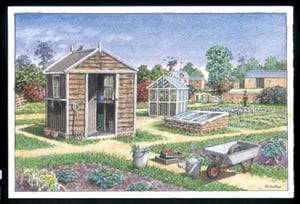 A painting of a garden with a greenhouse and a shed.