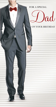 A man in a tuxedo and bow tie is on a birthday card.