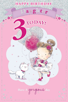 Make a little girl's 3rd birthday extra special with this absolutely charming Daughters 3rd Birthday card! Adorned with shimmering pink and silver glitter, it features an adorable ballerina-style girl holding a gift, accompanied by her cute white cat and sparkly balloons. The delightful design is perfect for celebrating such a milestone. With the sweet message '3 TODAY!' and 'Have A gorgeous day', this card is sure to bring joy and smiles. It's the perfect way to send warm wishes to a beloved daughter on her special day.