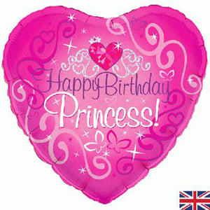 A pink heart-shaped balloon with the words "Happy Birthday, Princess" written on it.