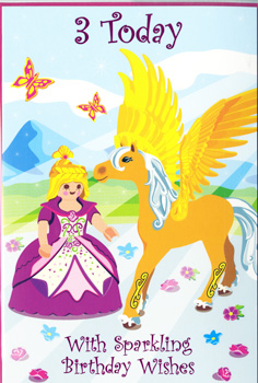 A birthday card with a princess and a pegasus says '3 today' with sparkling birthday wishes.