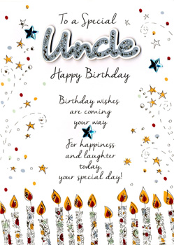 A birthday card, with candles and stars, for a special uncle.