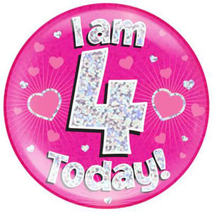 A pink plate with the words "I am 4 today" on it.