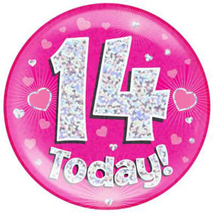 A pink plate with the number 14 on it and the words "14 today".